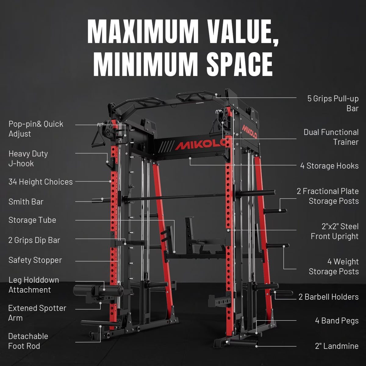M11 Smith Machine, 2200Lbs Squat Rack with Lat-Pull down System & Cable Crossover Machine, Training Equipment with Leg Hold-Down Attachment