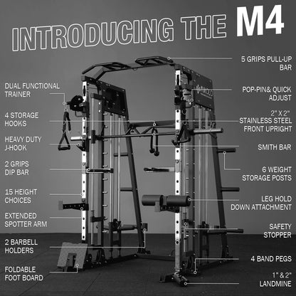 Smith Machine Home Gym, 2200 Lbs Power Rack Cage with Cable Crossover, Power Rack with 1200LB Capacity Adjustable Weight Bench and 370 Lbs Weight Plate, Total Body Strength Training Equipment