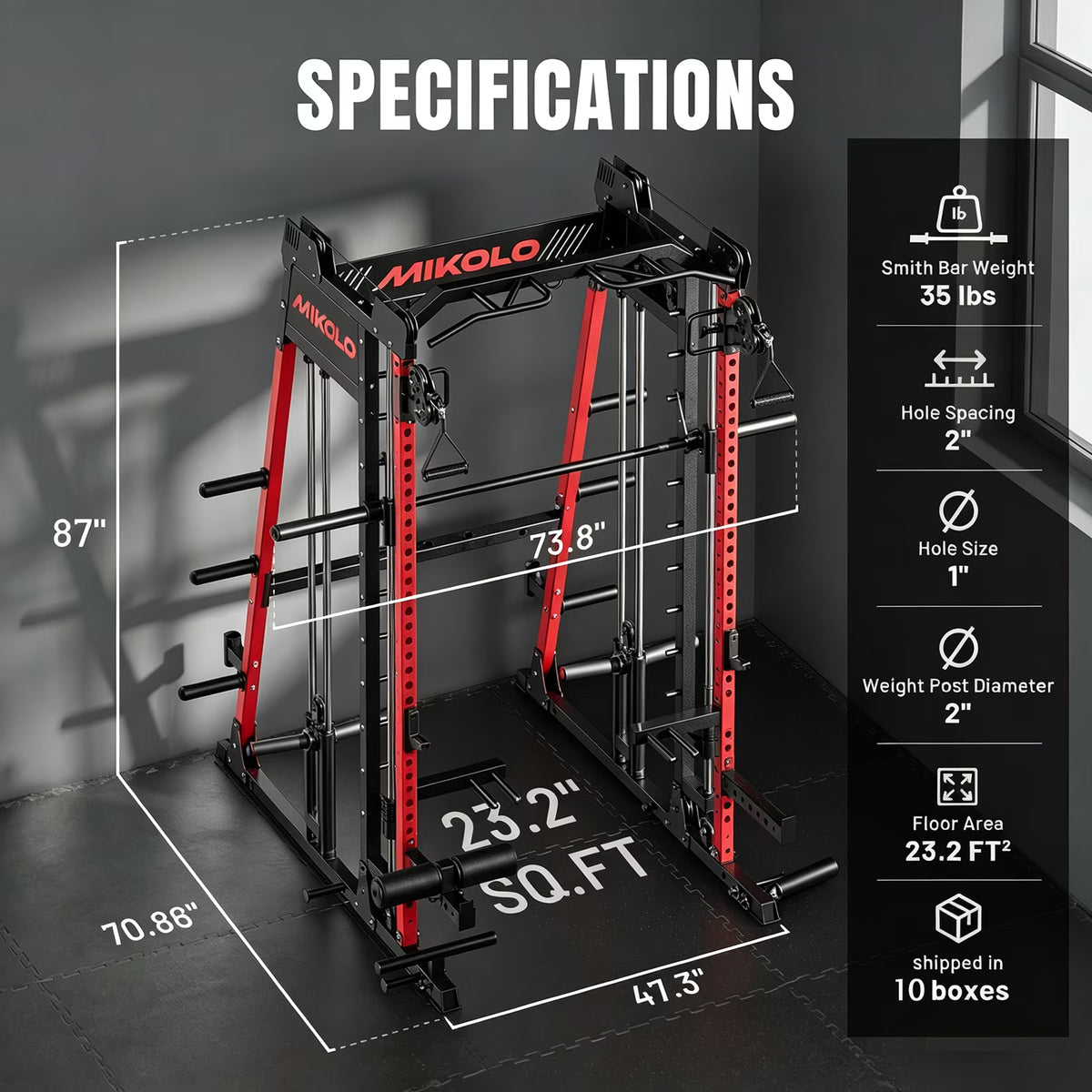 M11 Smith Machine, 2200Lbs Squat Rack with Lat-Pull down System & Cable Crossover Machine, Training Equipment with Leg Hold-Down Attachment