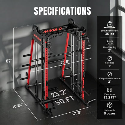 M11 Smith Machine, 2200Lbs Squat Rack with Lat-Pull down System & Cable Crossover Machine, Training Equipment with Leg Hold-Down Attachment