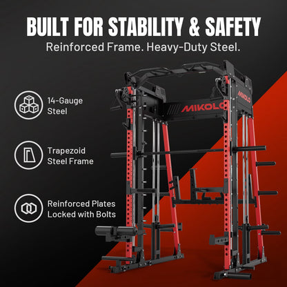 M11 Smith Machine, 2200Lbs Squat Rack with Lat-Pull down System & Cable Crossover Machine, Training Equipment with Leg Hold-Down Attachment