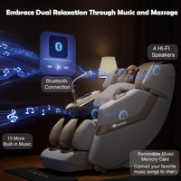 Massage chair with Bluetooth connection and music features, featuring a person relaxing.