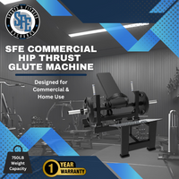SFE Commercial Hip Thrust Glute Machine in a gym setting with promotional text.