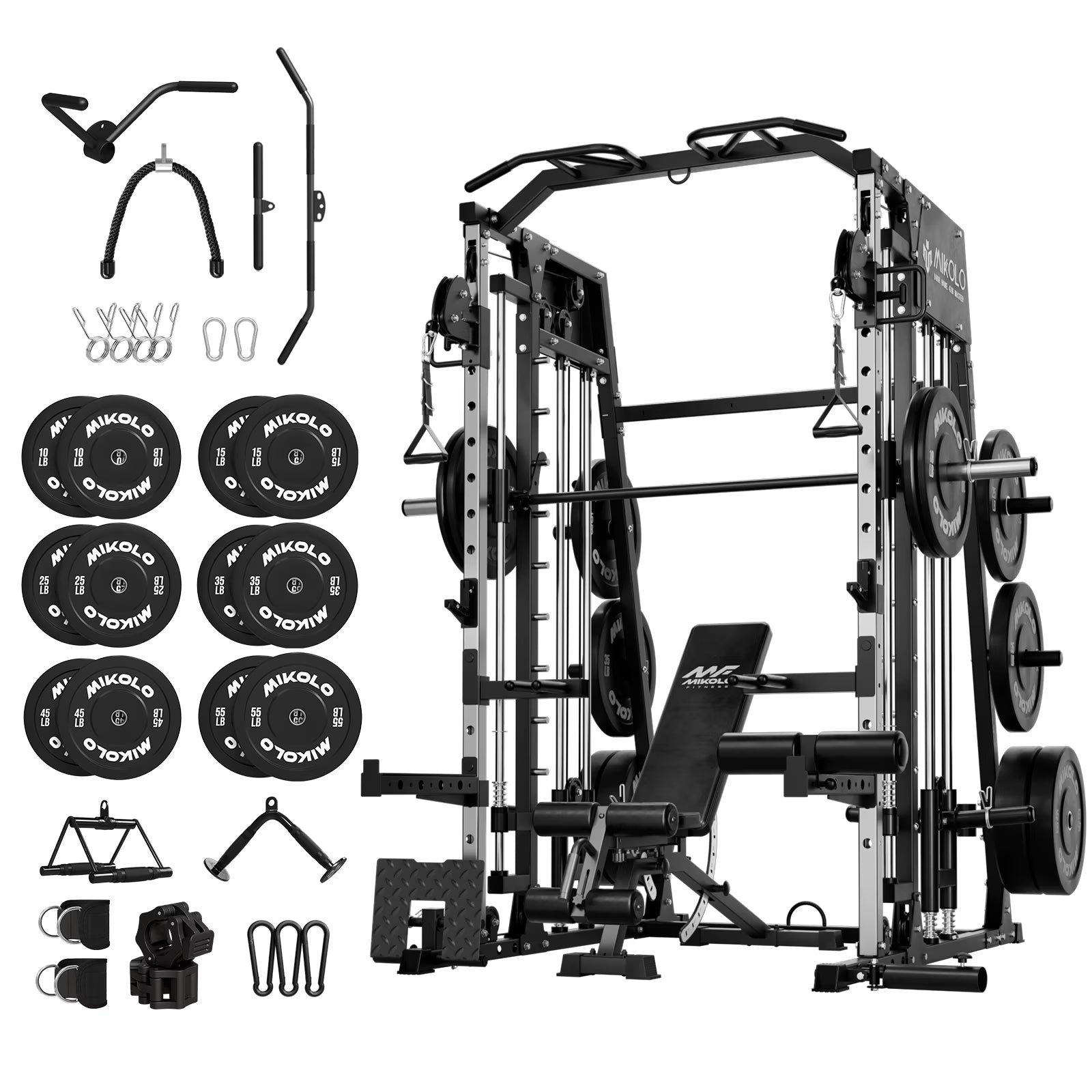 Smith Machine Home Gym, 2200 Lbs Power Rack Cage with Cable Crossover, Power Rack with 1200LB Capacity Adjustable Weight Bench and 370 Lbs Weight Plate, Total Body Strength Training Equipment