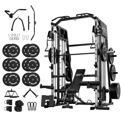 Smith Machine Home Gym, 2200 Lbs Power Rack Cage with Cable Crossover, Power Rack with 1200LB Capacity Adjustable Weight Bench and 370 Lbs Weight Plate, Total Body Strength Training Equipment