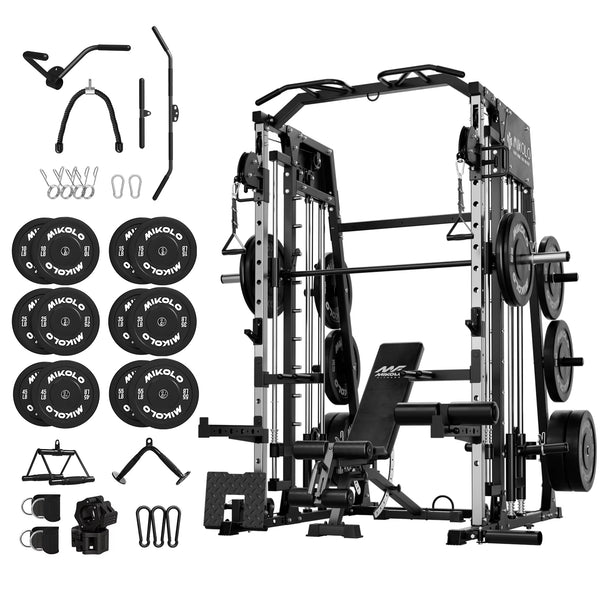 Smith Machine Home Gym, 2200 Lbs Power Rack Cage with Cable Crossover, Power Rack with 1200LB Capacity Adjustable Weight Bench and 370 Lbs Weight Plate, Total Body Strength Training Equipment