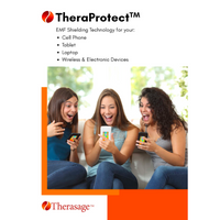 Advertisement for TheraProtect EMF shielding technology showing three women using electronic devices.