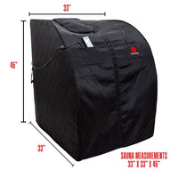 Black portable sauna with measurements on a white background