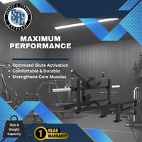 Gym equipment with text highlighting features and warranty on a blue and black background