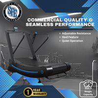 Treadmill with SFE logo and text about commercial quality, performance features, and warranty on a gym background.