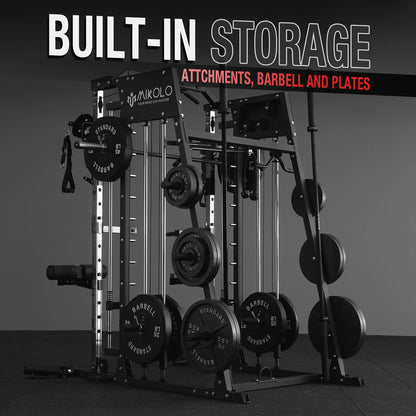 Smith Machine Home Gym, 2200 Lbs Power Rack Cage with Cable Crossover, Power Rack with 1200LB Capacity Adjustable Weight Bench and 370 Lbs Weight Plate, Total Body Strength Training Equipment