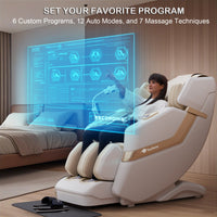 Woman using a massage chair with a futuristic interface display in a modern room.
