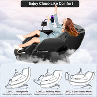 Massage chair with a woman relaxing, surrounded by clouds, and mode illustrations below.