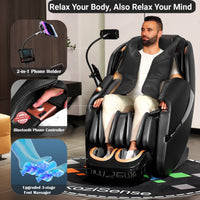 Man using a massage chair with various features highlighted, including a 2-in-1 phone holder and Bluetooth phone controller.