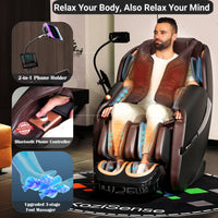 Man using a massage chair with various features highlighted, including a phone holder and foot massager.
