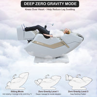 Zero gravity massage chair with a person using it, set against a cloudy sky background.