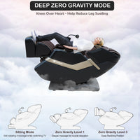 Zero gravity massage chair with a person reclined, set against a cloudy sky background.