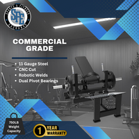 Commercial grade gym equipment with SFE logo and specifications on a blue and black background