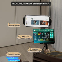 Multifunctional electronic device with phone holder, LED touch screen, and wireless charger in a room setting.