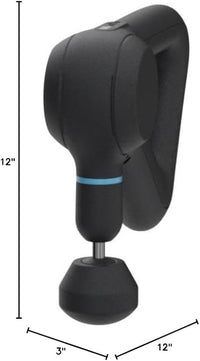Black massage gun with measurements on a white background
