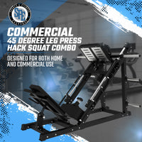 Gym machine with text about commercial use and features on a blurred gym background
