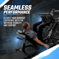 Person using a gym machine with text 'Seamless Performance' and promotional message.