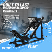 Gym leg press machine with durability text and measurements on a blurred gym background