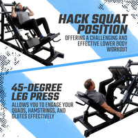 Advertisement for a fitness machine with text about hack squat position and 45-degree leg press.