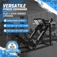 Fitness machine with specifications and warranty information on a gym background