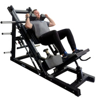 Person using a leg press machine on a white background