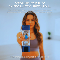 Woman holding a bottle with text about daily vitality ritual and staying energized, hydrated, and balanced.