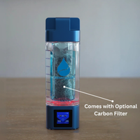 Water bottle with carbon filter and digital display on a wooden surface