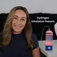 Woman using a hydrogen inhalation device with text 'Hydrogen Inhalation Feature' on a neutral background.