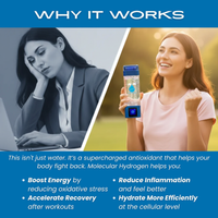 Woman using a water bottle with a blue label, transitioning to a woman outdoors holding the same bottle. Text explains the benefits of the product.