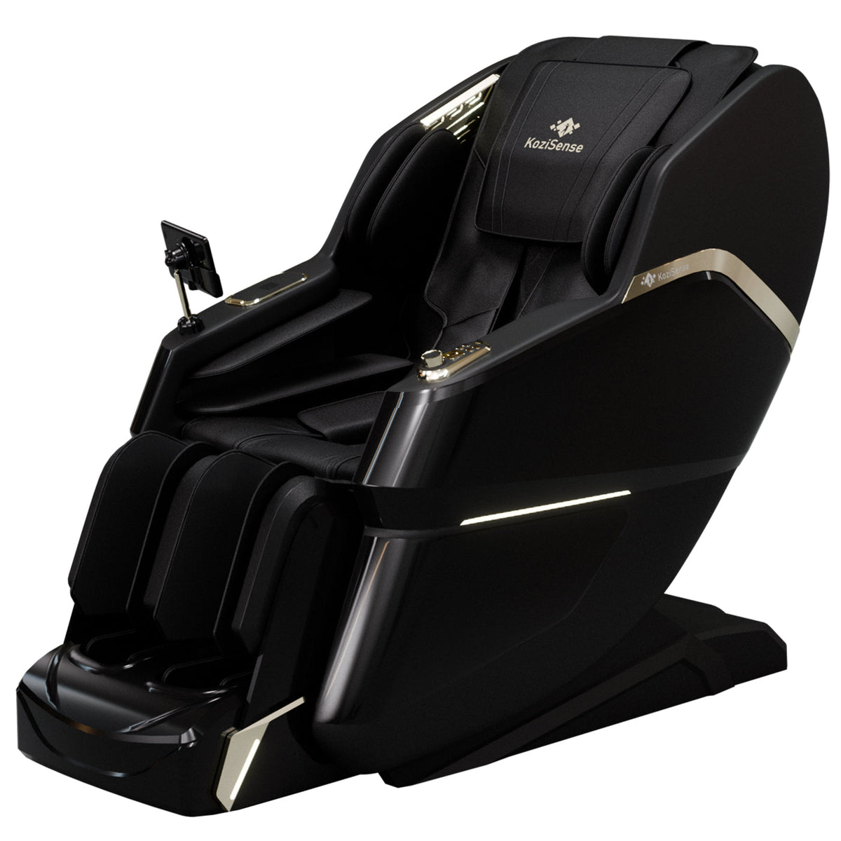 Black massage chair with gold accents on a white background