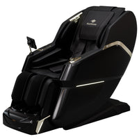Black massage chair with gold accents on a white background