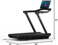 Treadmill with a tablet stand on a white background, showing dimensions.