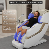 Man using a massage chair with airbag compression system in a modern room.