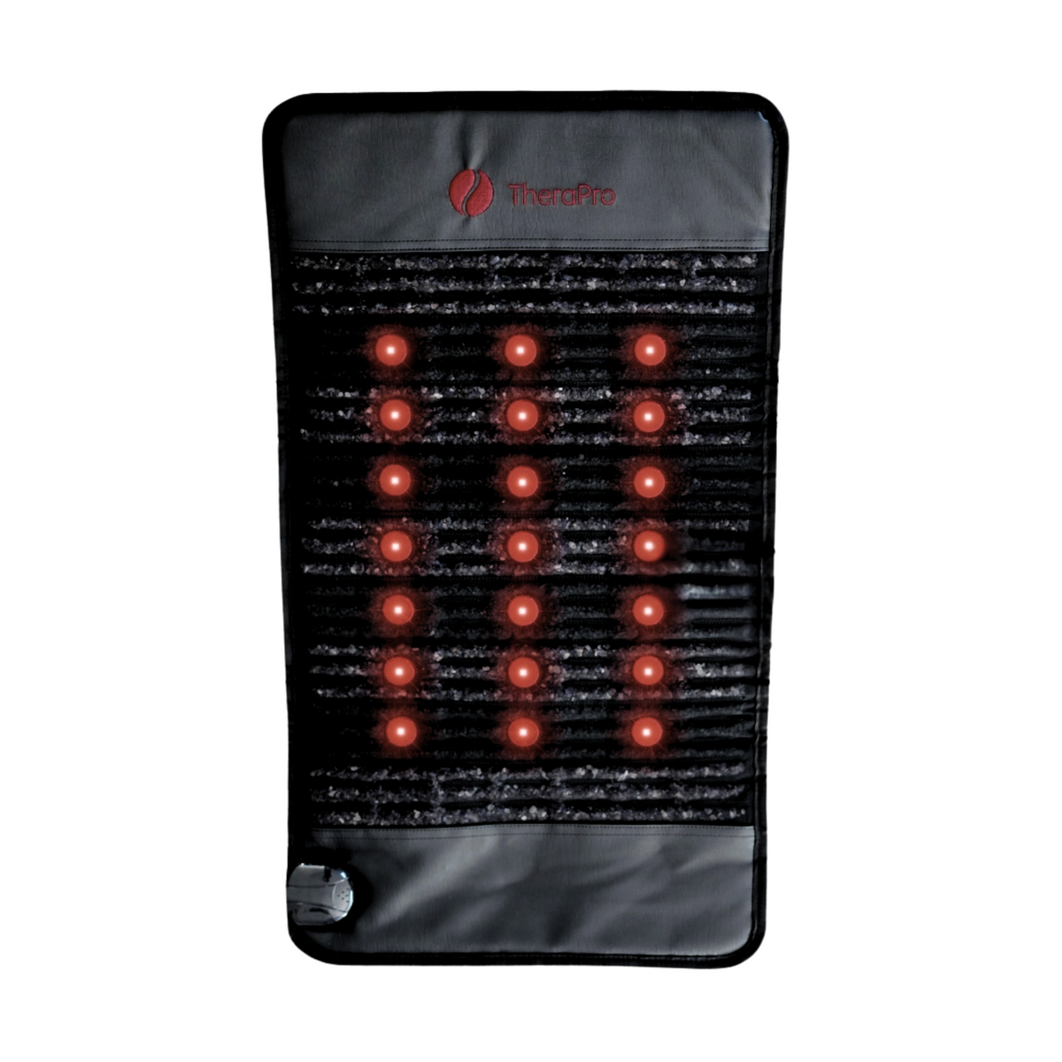 Infrared heating pad with visible red light bulbs on a white background