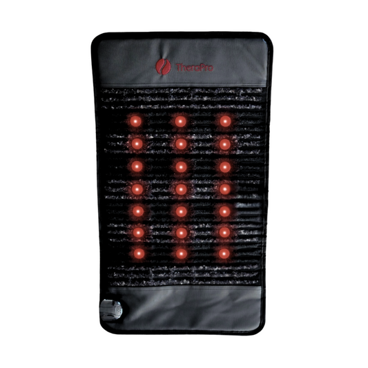 Infrared heating pad with visible red light bulbs on a white background