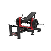 Weight lifting machine with red and black design on a white background