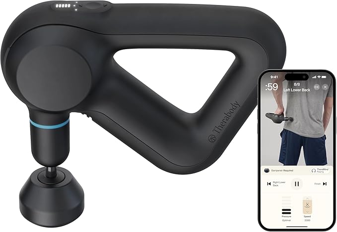 Black handheld massage device with smartphone displaying app interface on a white background