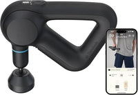 Black handheld massage device with smartphone displaying app interface on a white background