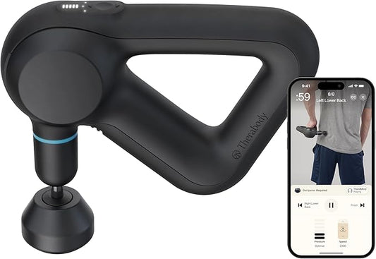 Black handheld massage device with smartphone displaying app interface on a white background