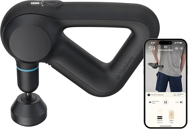 Black handheld massage device with smartphone displaying app interface on a white background
