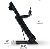 Foldable treadmill with dimensions labeled on a white background