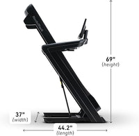 Foldable treadmill with dimensions labeled on a white background