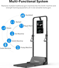 Multifunctional home gym system with digital display and various exercise equipment icons.