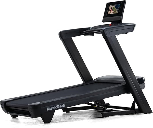 NordicTrack treadmill with a screen on a white background