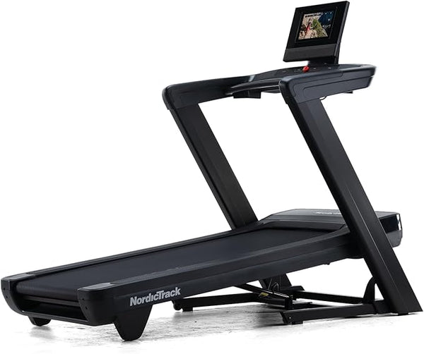 NordicTrack treadmill with a screen on a white background